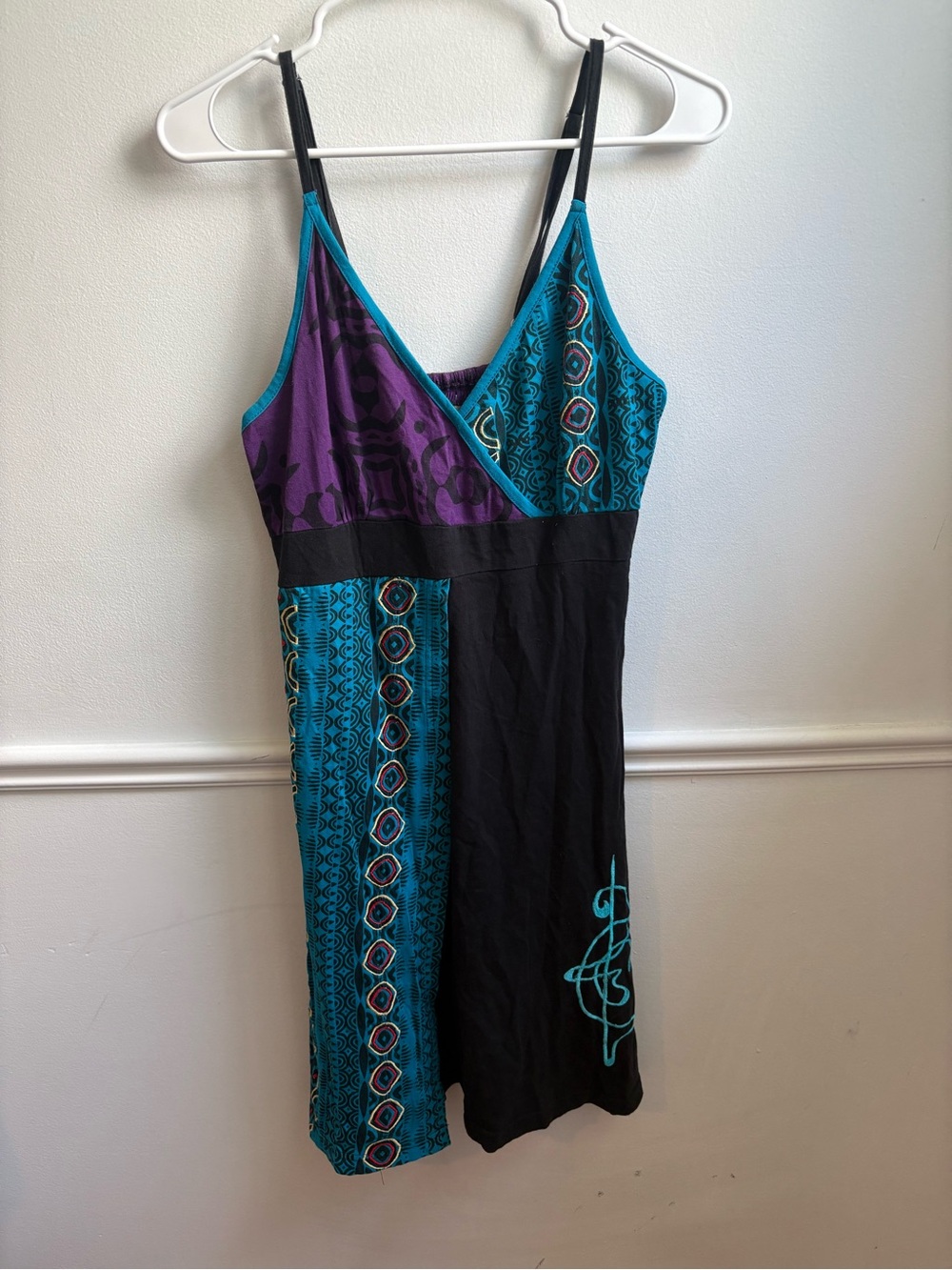 Sleeveless V-Neck Mini Dress in Teal and Purple